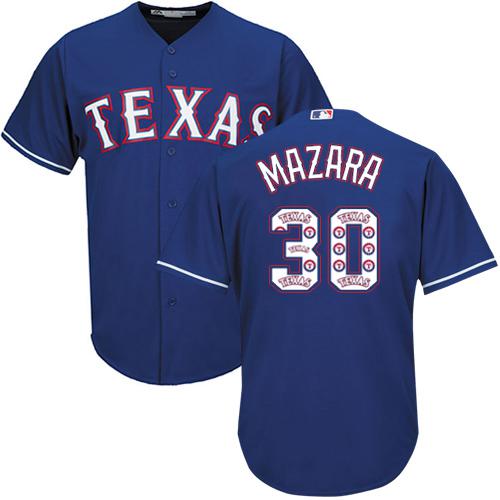 Rangers #30 Nomar Mazara Blue Team Logo Fashion Stitched MLB Jersey - Click Image to Close